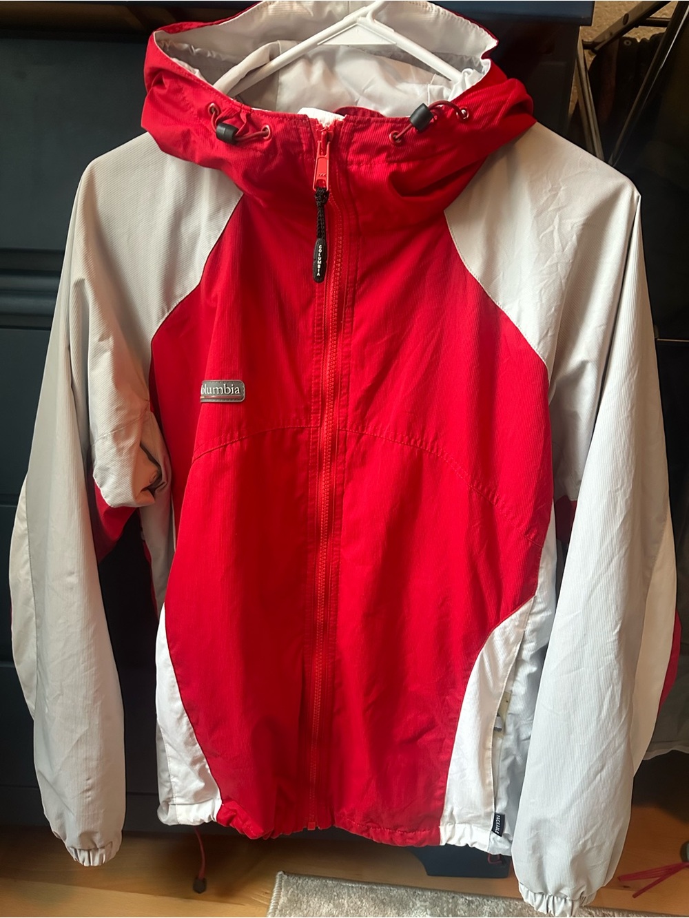 Columbia Red and White Women’s Hooded Rain Jacket